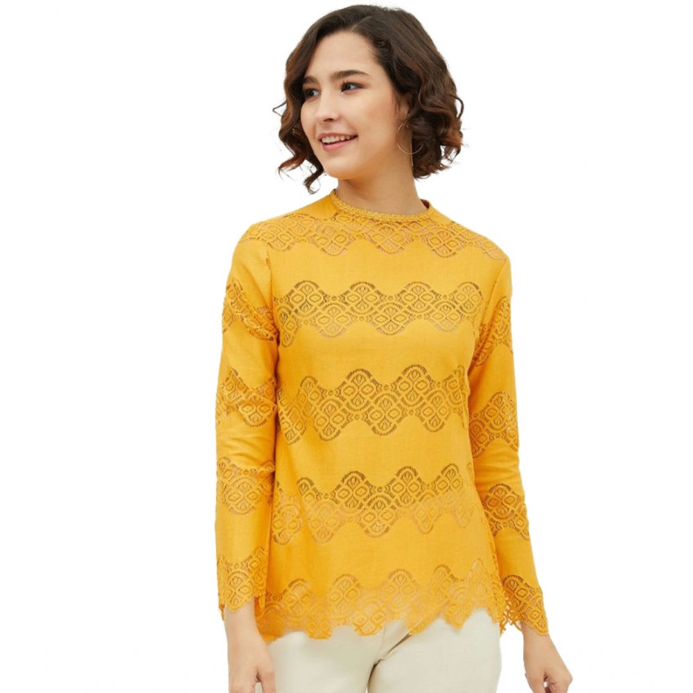 Women'S Cotton Lace Inserts Long Sleeves Top (Yellow)