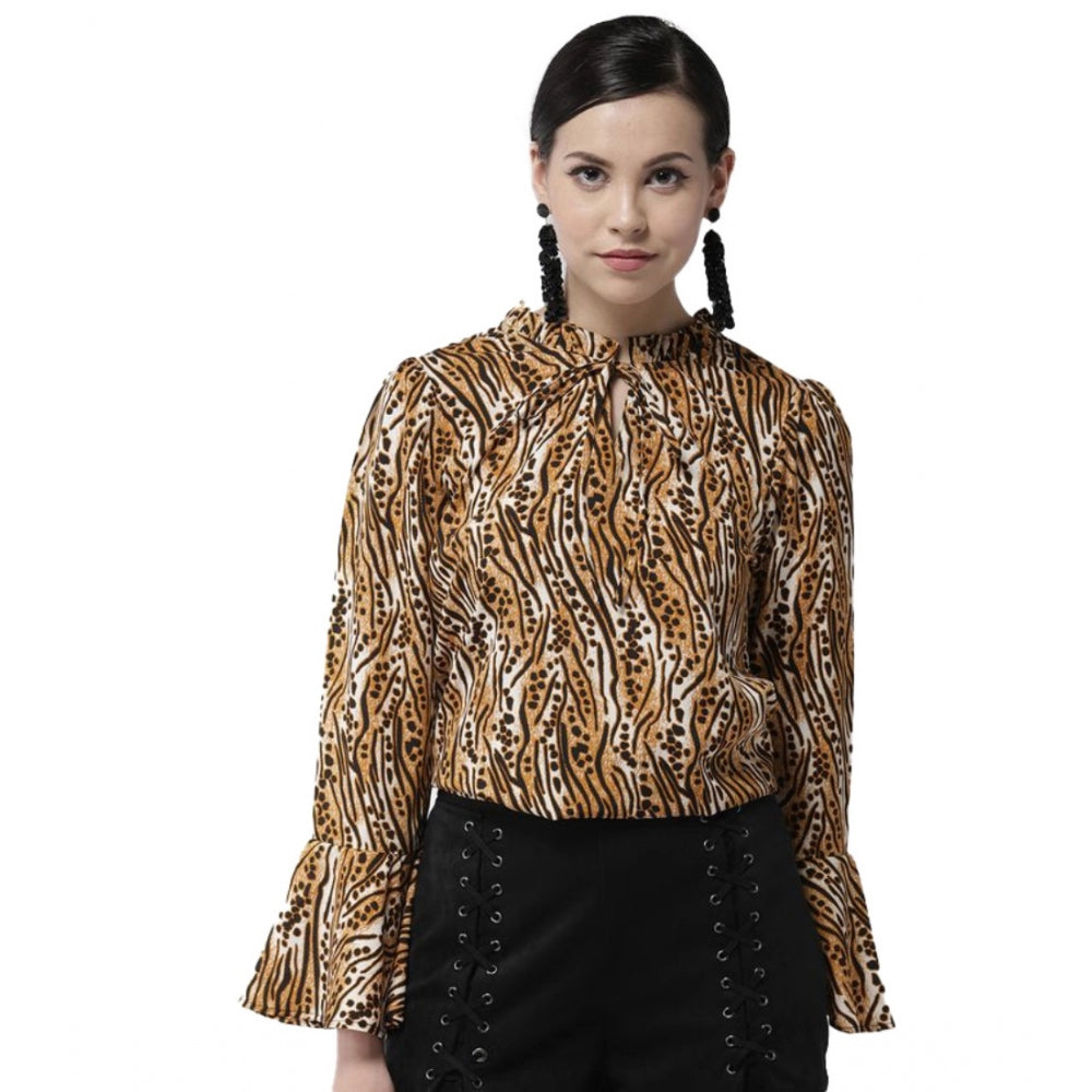 Women'S Polyester Printed Bell Sleeve Top (Orange - Black)