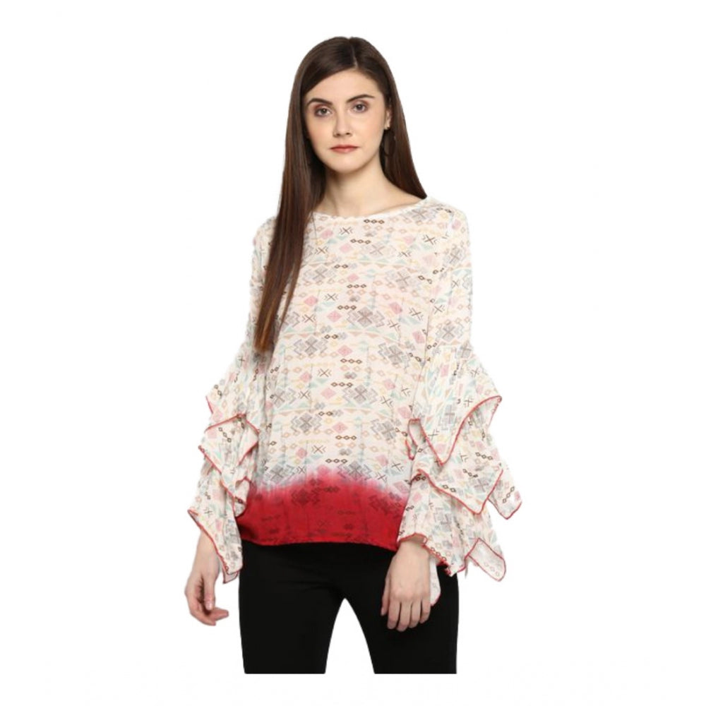 Women'S Rayon Crepe Printed Ruffle Sleeve Top (Off White - Red