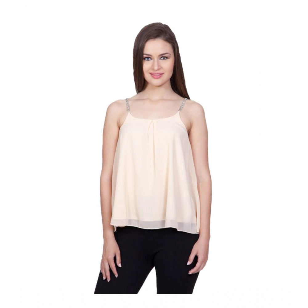Women'S Polyester Solid Shoulder Straps Regular Top (Beige)