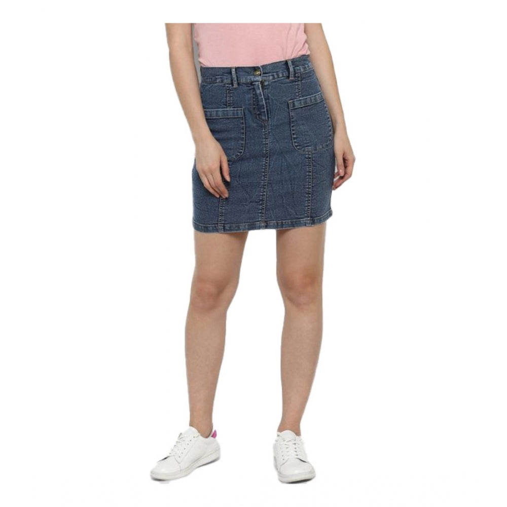 Women'S Denim Front Pocket Buttoned Skirt (Blue)
