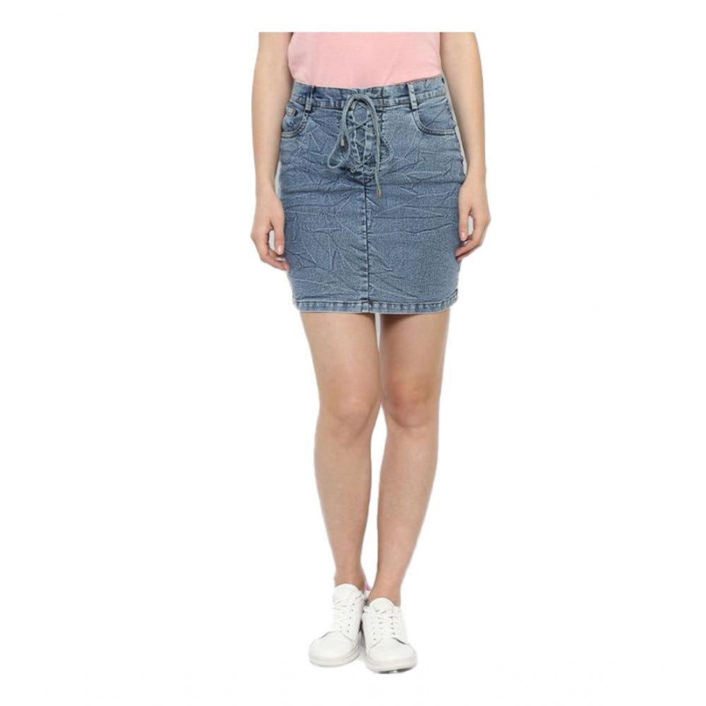 Women'S Denim Draw String Buttoned Skirt (Blue)