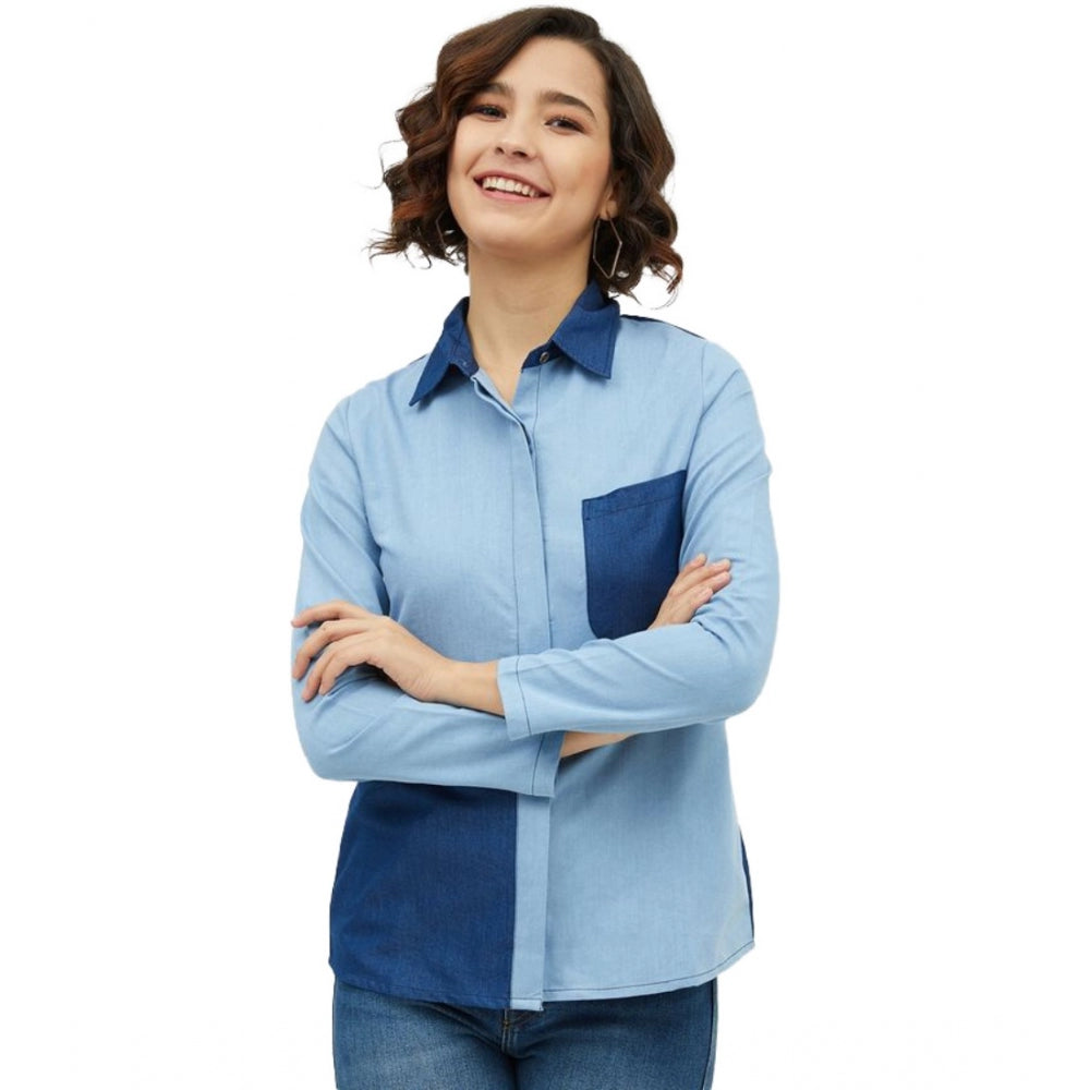 Women'S Denim Patch Work Long Sleeves Standard Length Shirt (B