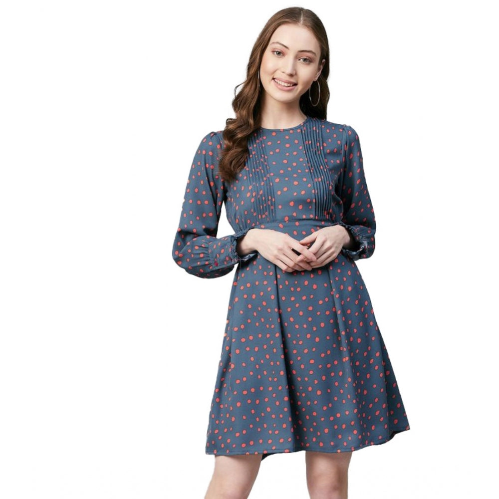 Women'S Polyester Polka Long Sleeves Above Knee Dress (Grey