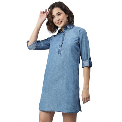 Women's Denim Solid Long Sleeves Above Knee Dress (Ice Blue)