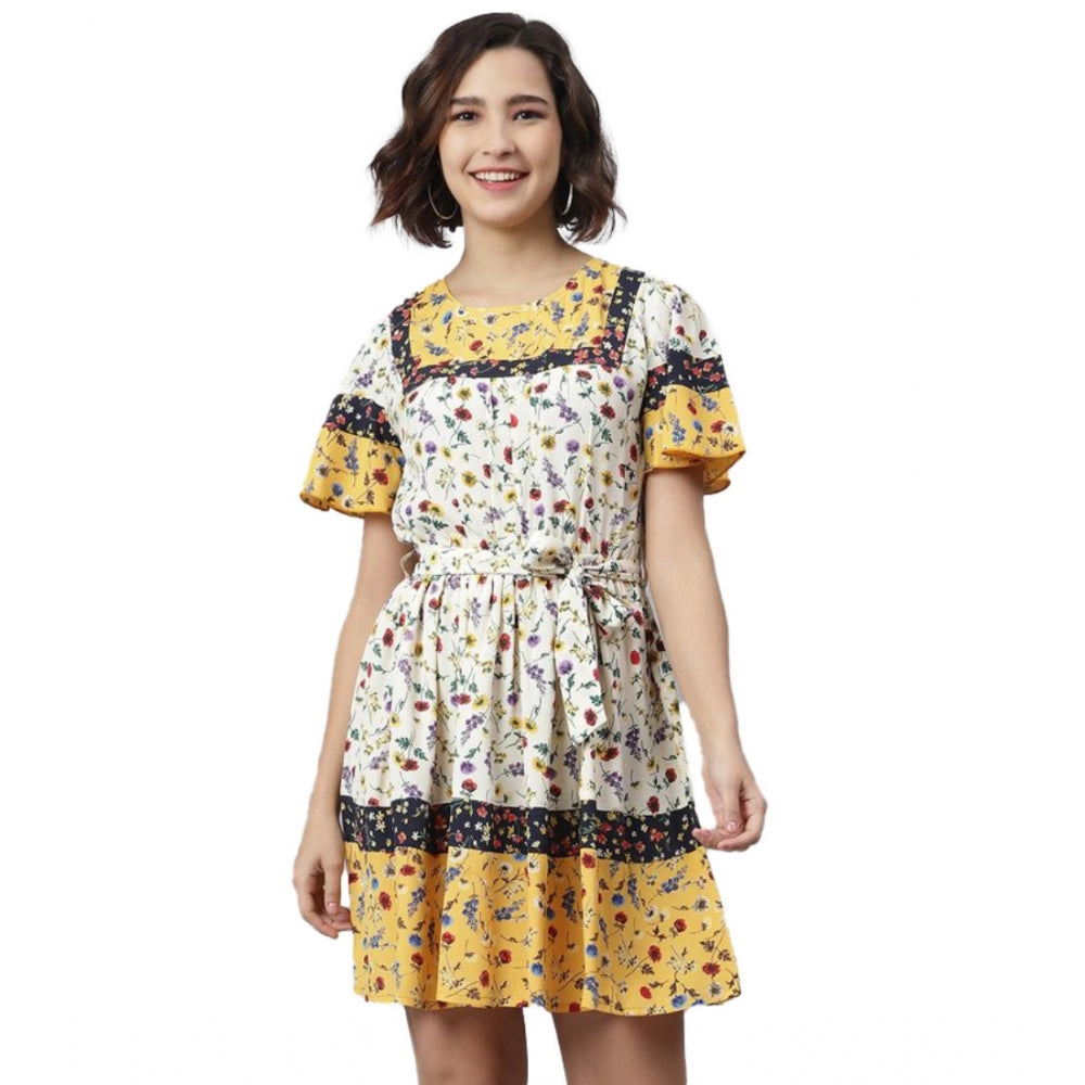 Women'S Polyester Floral Flutter Above Knee Dress (Multicolor)