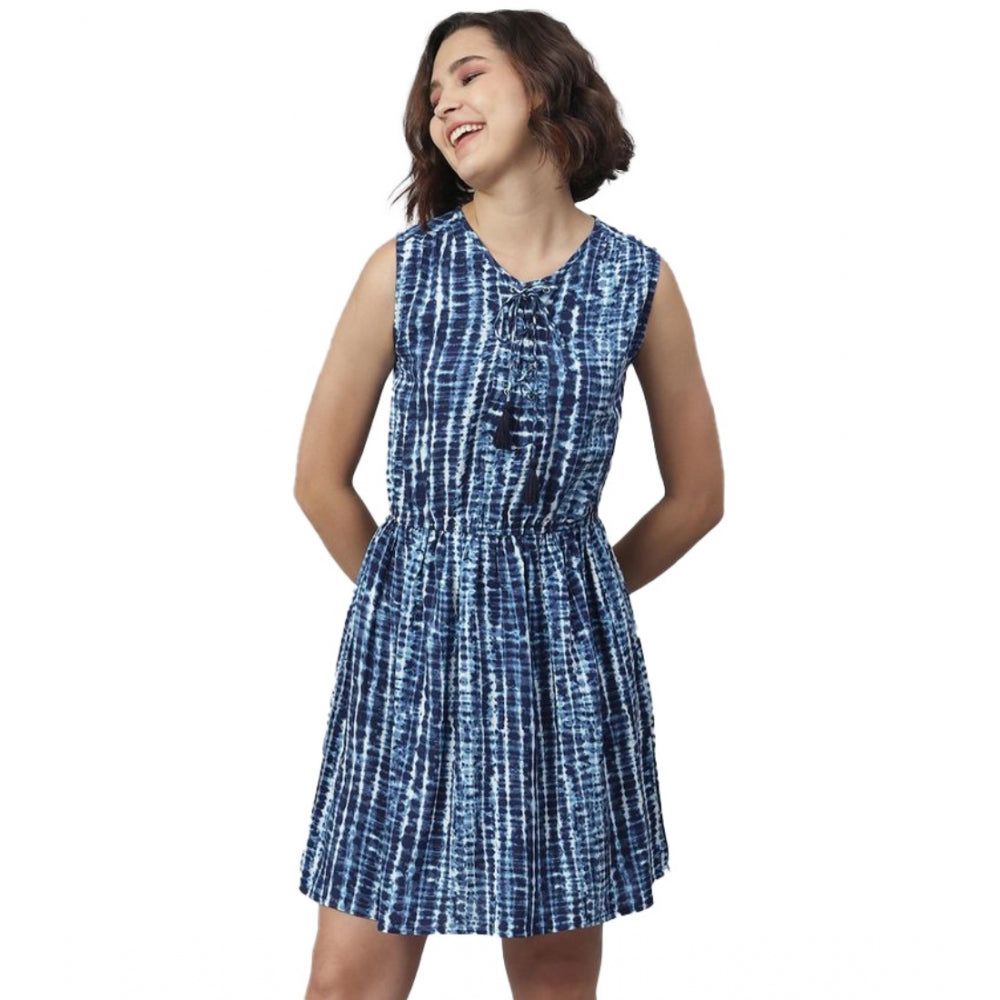 Women'S Rayon Tie &Amp; Dye Sleeveless Above Knee Dress (Blue)