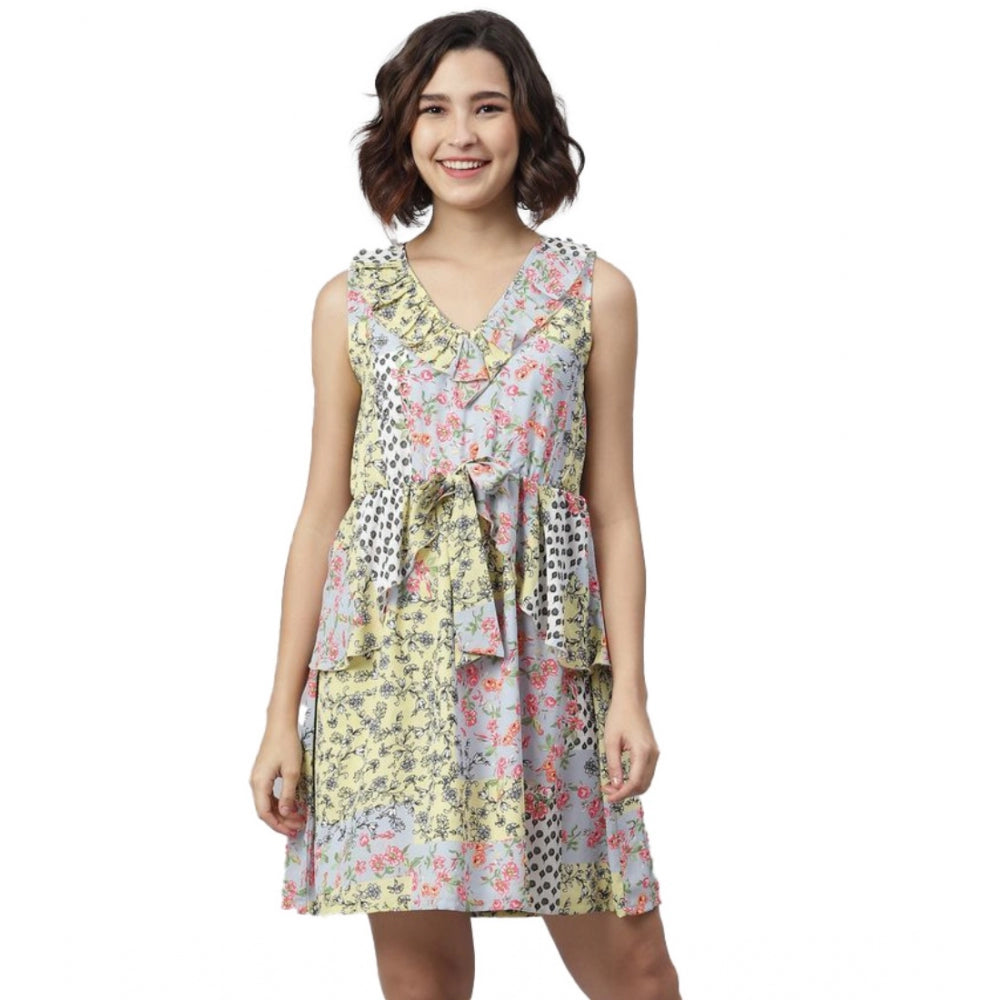 Women'S Polyester Peplum Sleeveless Above Knee Dress (Multicol