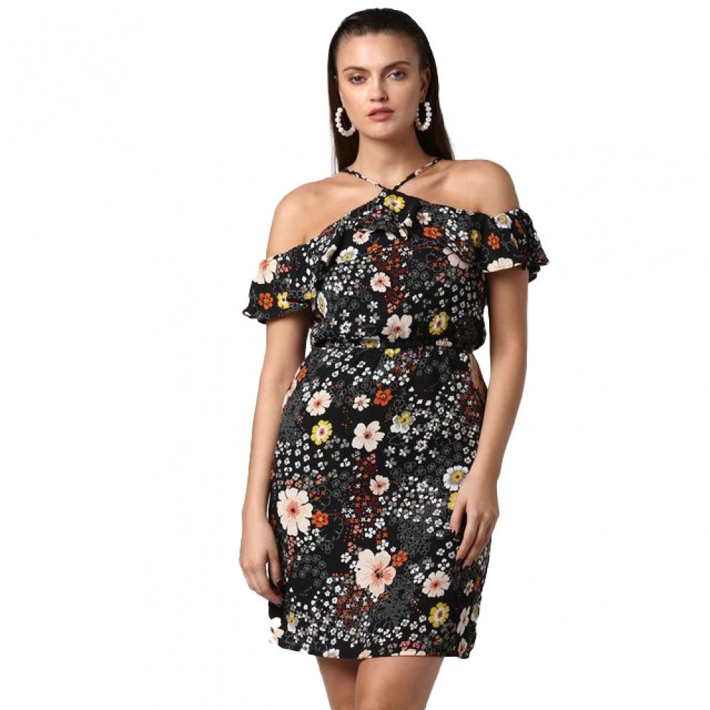 Women'S Polyester Floral Cold Shoulder Above Knee Dress (Black