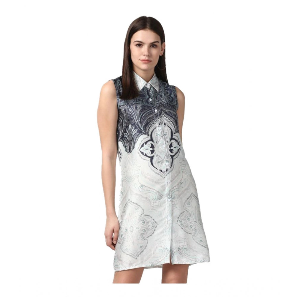 Women'S Polyester Printed Sleeveless Above Knee Dress (Blue)
