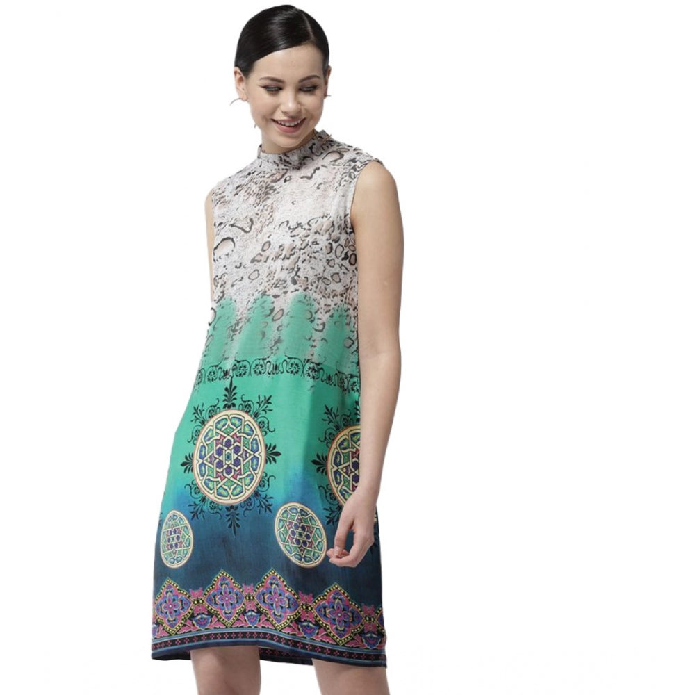 Women'S Polyester Printed Sleeveless Above Knee Dress (Multico