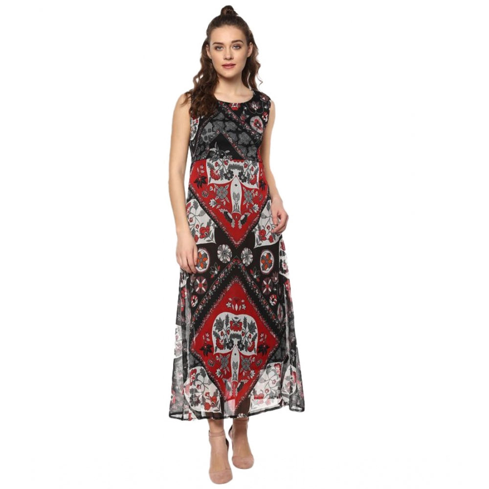 Women'S Polyester Printed Sleeveless Dress (Red - Black)