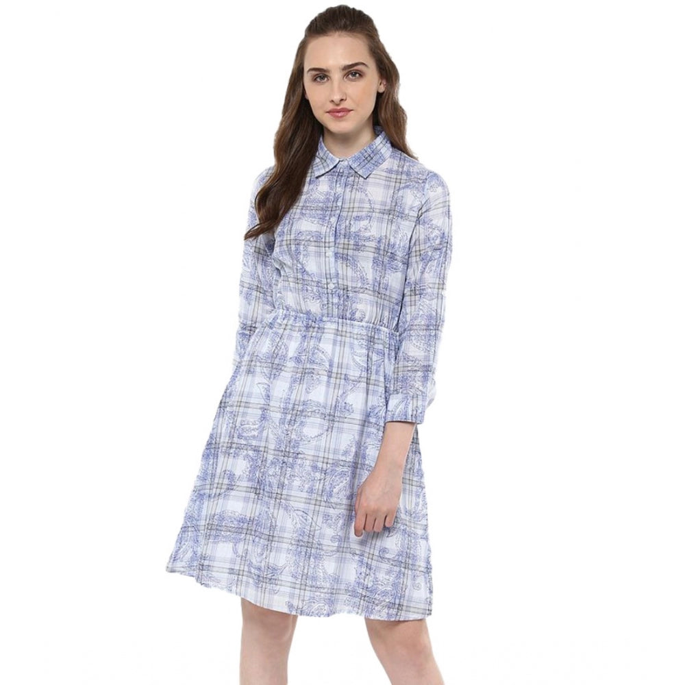 Women'S Cotton Checkered Roll Up Sleeve Above Knee Dress (Blue