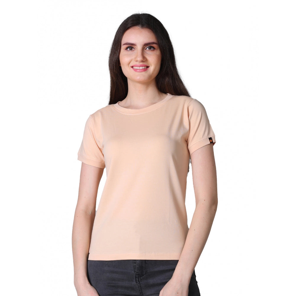 Women's Cotton Blended Solid Round Neck Half Sleeve T - Shirt (Peach)