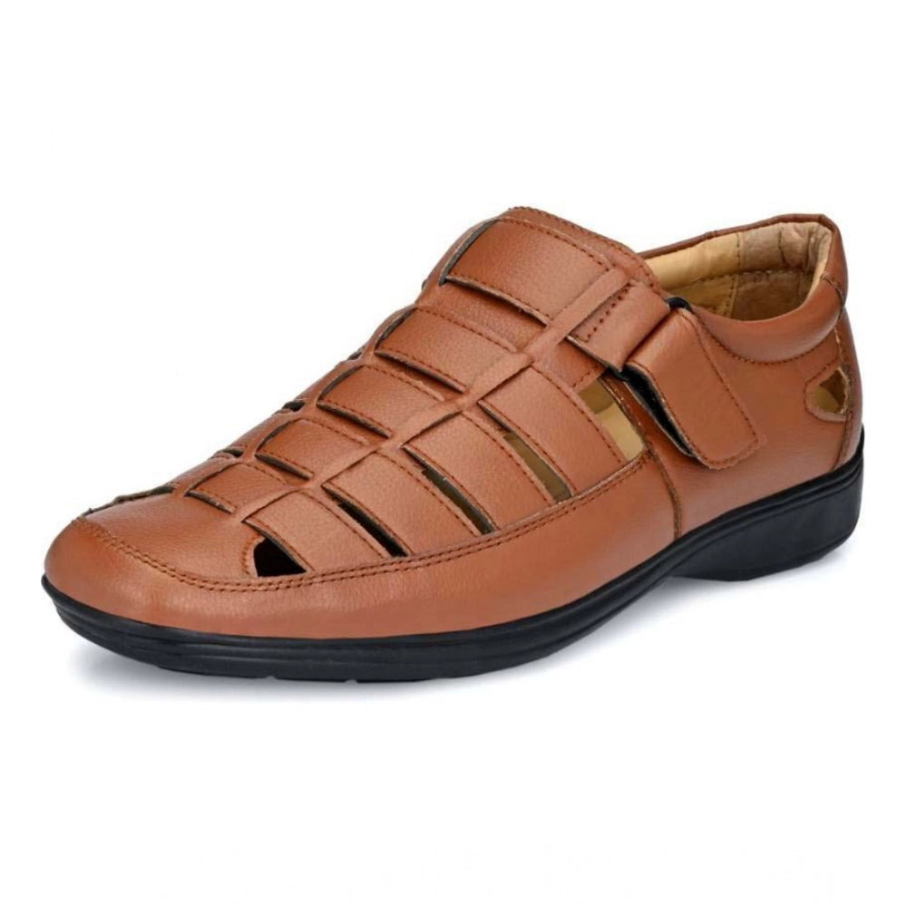 Men'S Casual Faux Leather Solid Velcro Sandal (Tan)