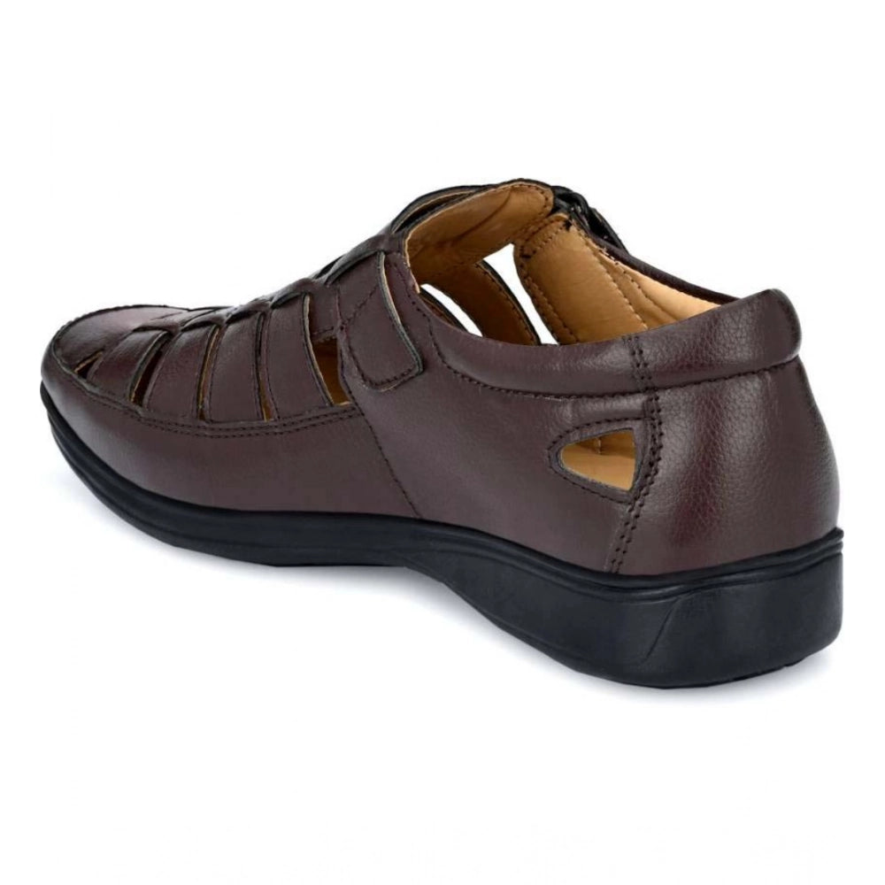 Men'S Casual Faux Leather Solid Velcro Sandal (Brown)