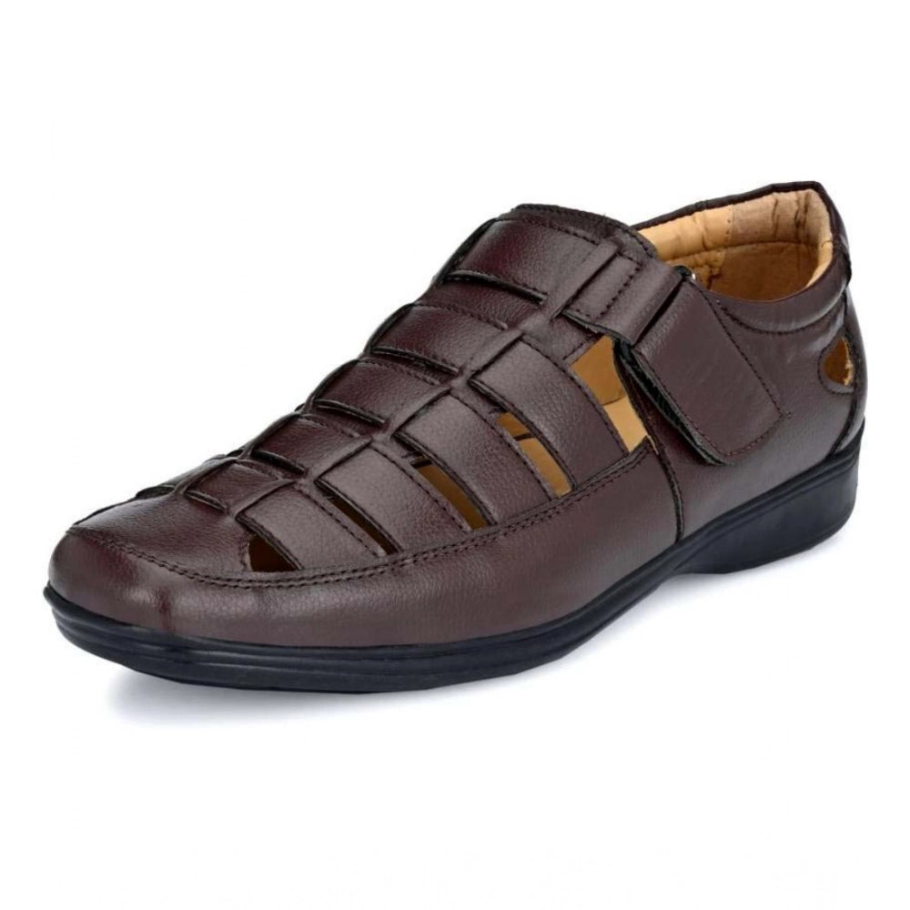 Men'S Casual Faux Leather Solid Velcro Sandal (Brown)