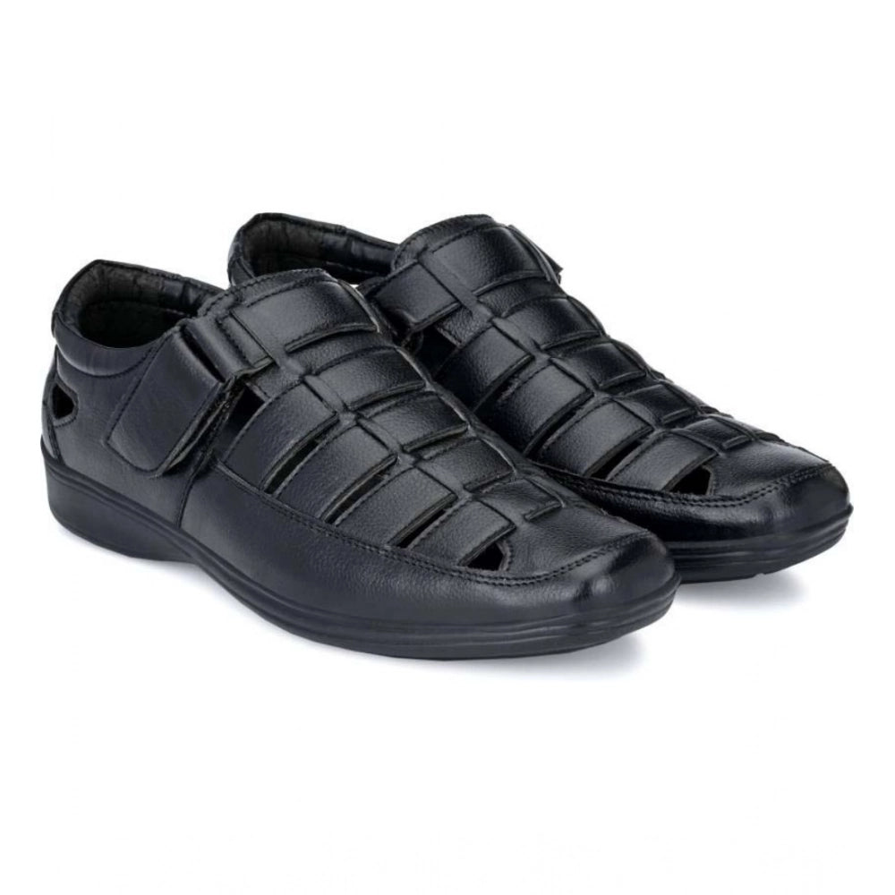 Men'S Casual Faux Leather Solid Velcro Sandal (Black)