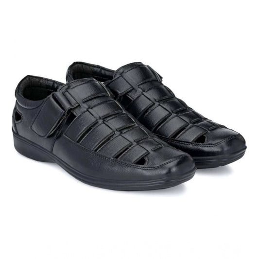 Men'S Casual Faux Leather Solid Velcro Sandal (Black)