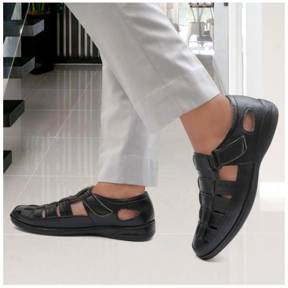 Men'S Casual Faux Leather Solid Velcro Sandal (Black)