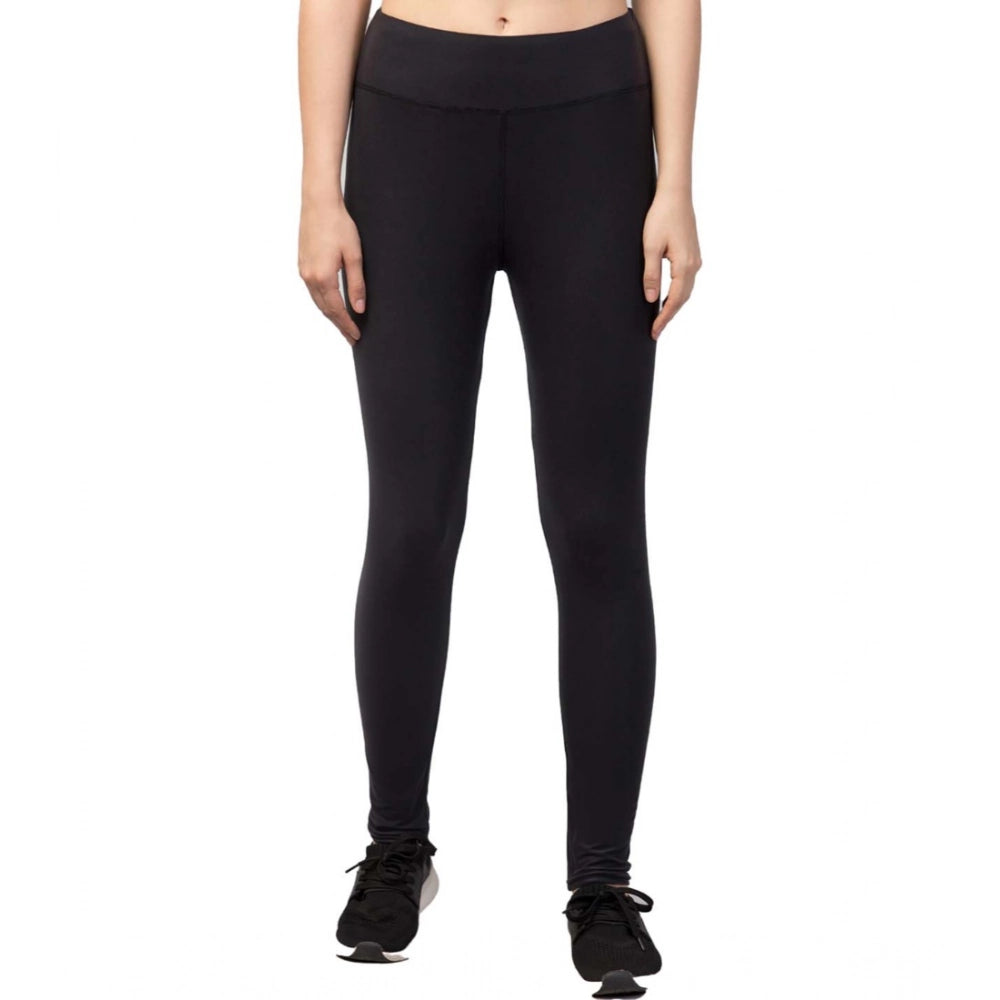 Women'S Polyester Solid Ankle Length High-Rise Tights (Black)