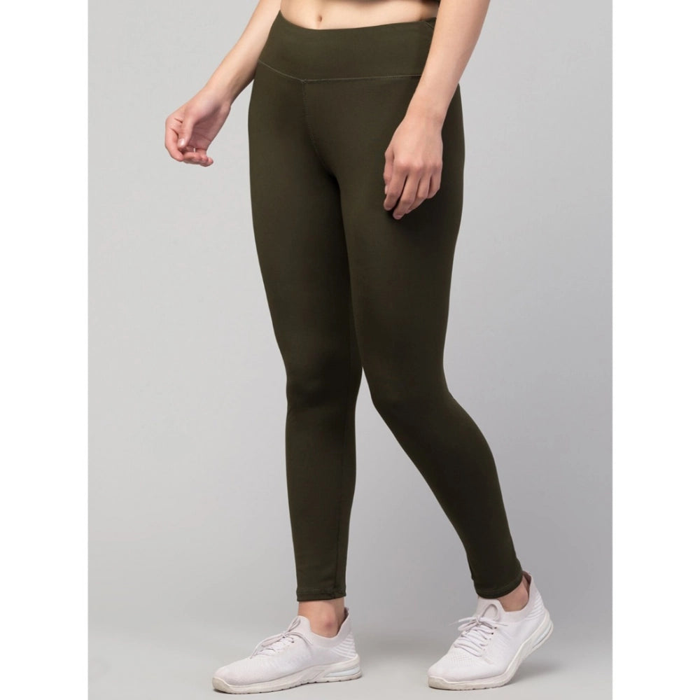 Women'S Polyester Solid Ankle Length High-Rise Tights (Olive)