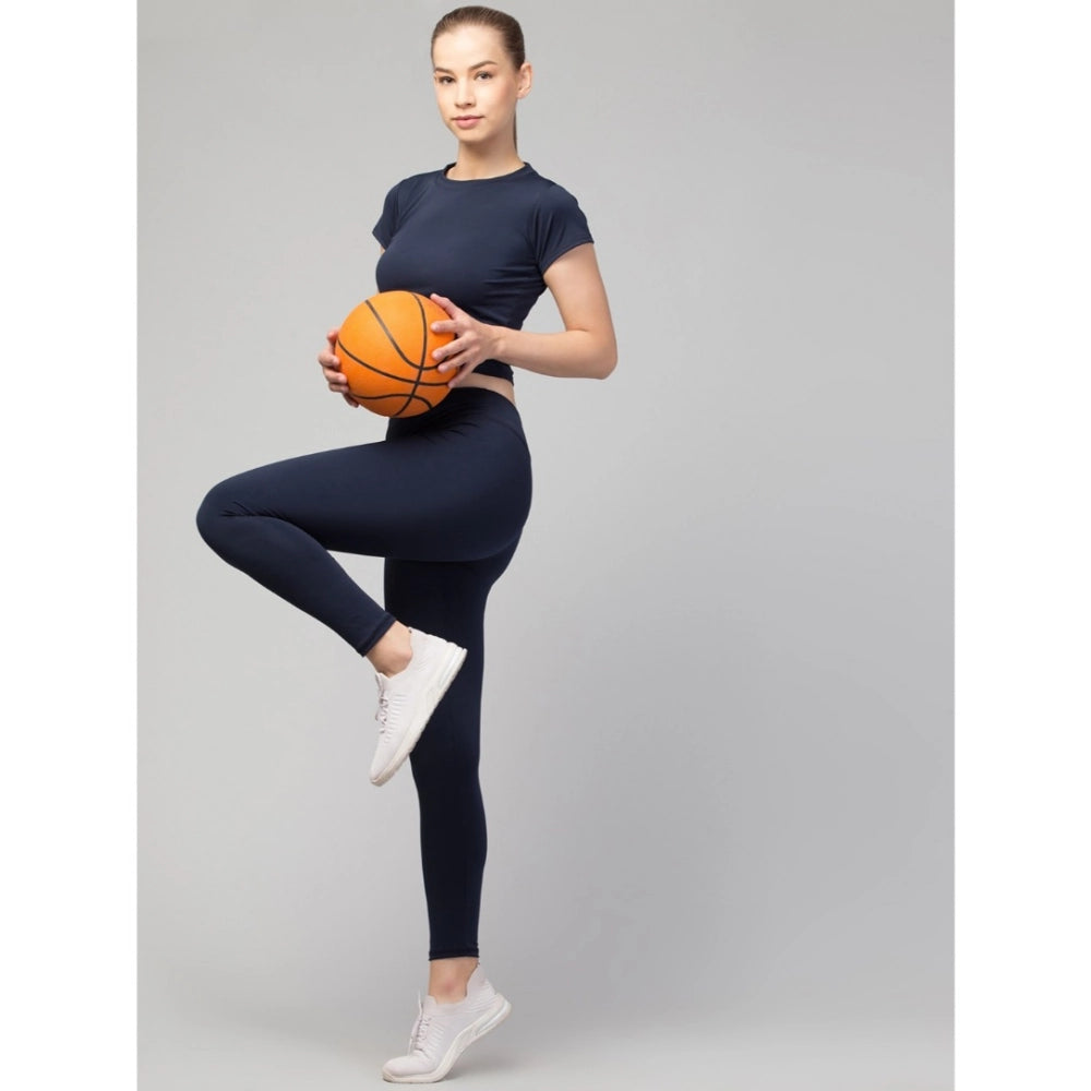 Women'S Polyester Solid Ankle Length High-Rise Tights (Navy)
