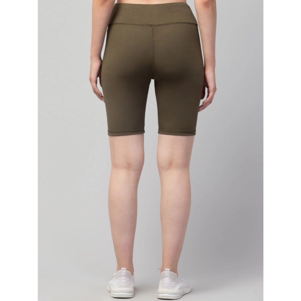 Women'S Polyester Solid Above Knee High-Rise Shorts (Olive)