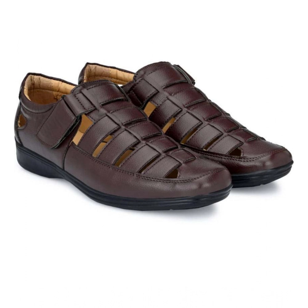 Men'S Casual Faux Leather Solid Velcro Sandal (Brown)