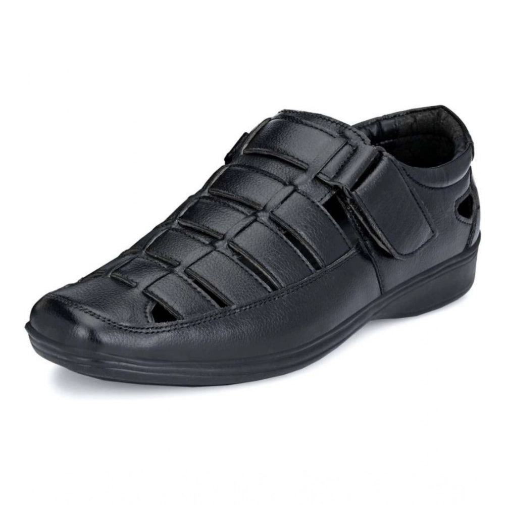 Men'S Casual Faux Leather Solid Velcro Sandal (Black)