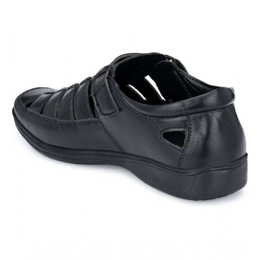 Men'S Casual Faux Leather Solid Velcro Sandal (Black)