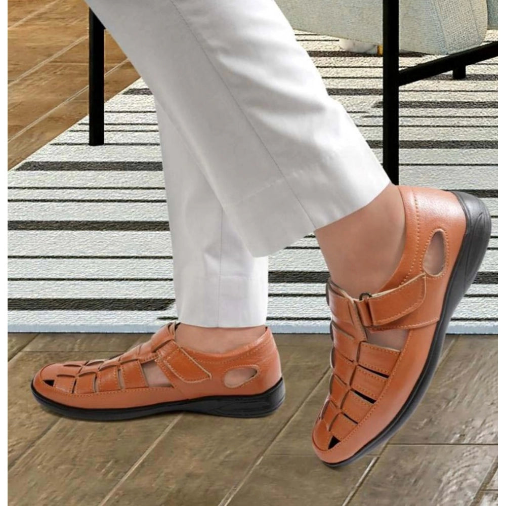 Men'S Casual Faux Leather Solid Velcro Sandal (Tan)