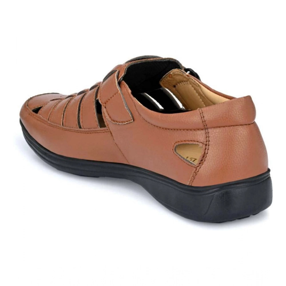 Men'S Casual Faux Leather Solid Velcro Sandal (Tan)