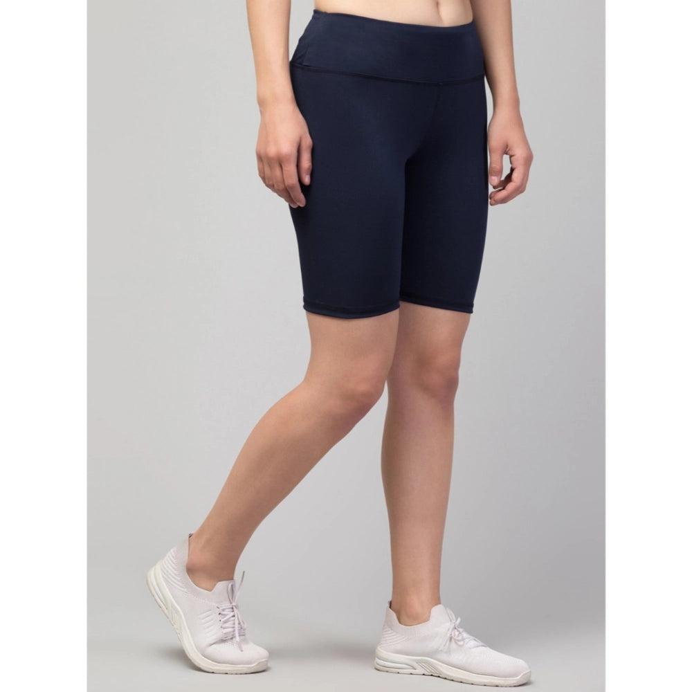 Women'S Polyester Solid Above Knee High-Rise Shorts (Navy)