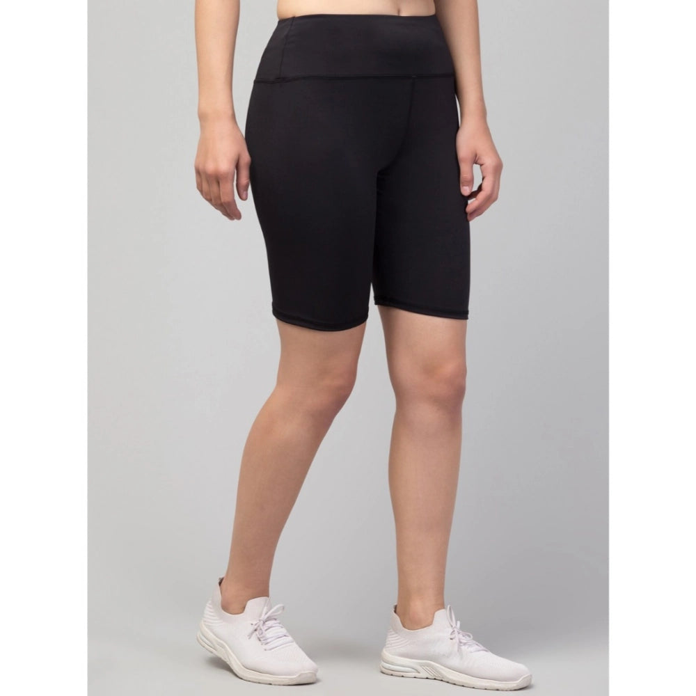 Women'S Polyester Solid Above Knee High-Rise Shorts (Black)