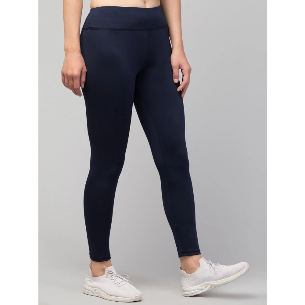 Women'S Polyester Solid Ankle Length High-Rise Tights (Navy)