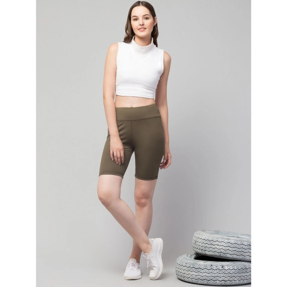 Women'S Polyester Solid Above Knee High-Rise Shorts (Olive)
