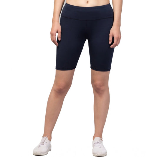 Women'S Polyester Solid Above Knee High-Rise Shorts (Navy)