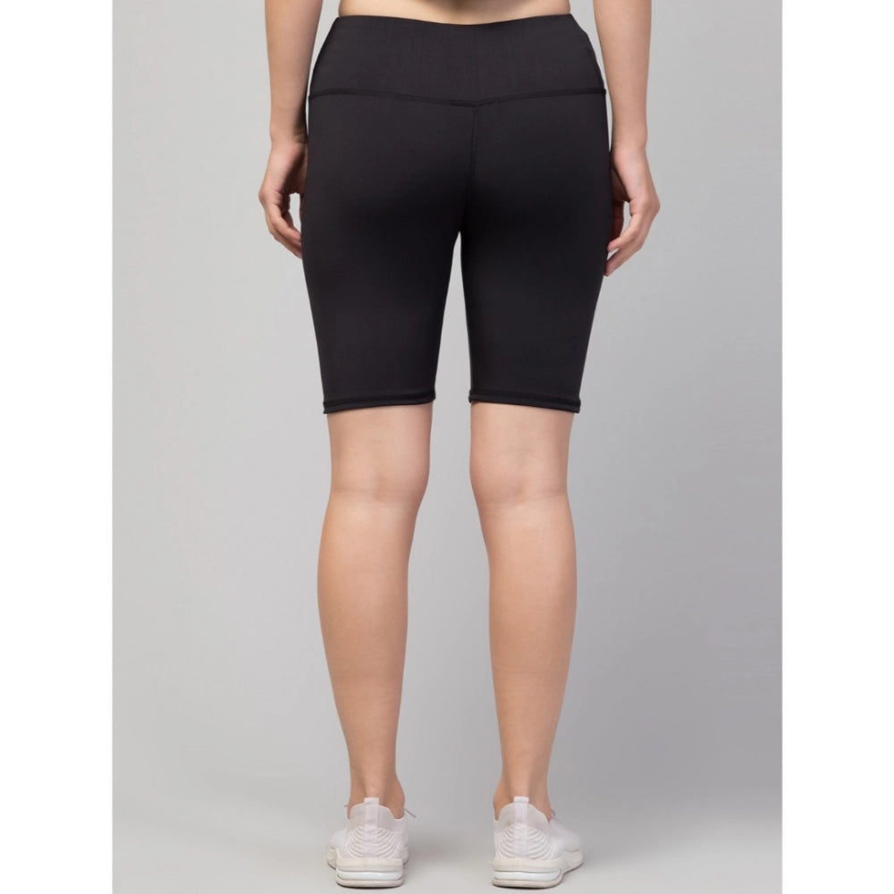 Women'S Polyester Solid Above Knee High-Rise Shorts (Black)