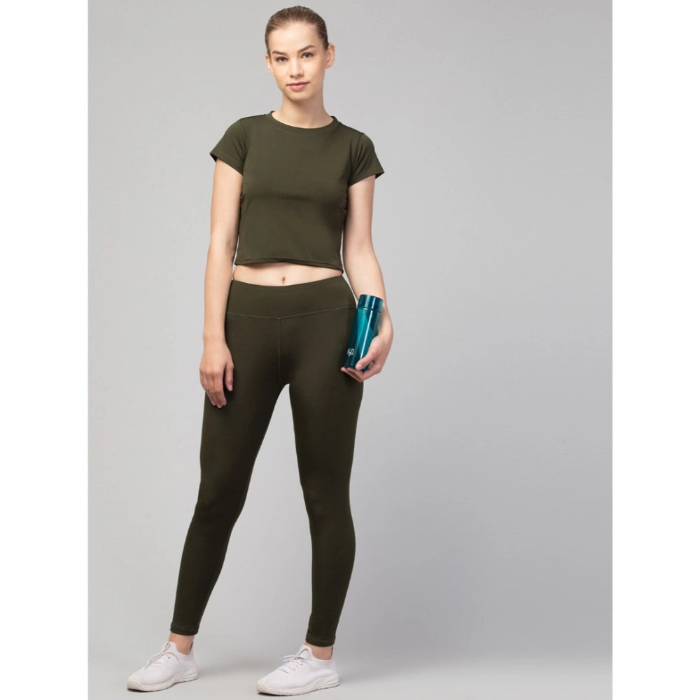 Women'S Polyester Solid Ankle Length High-Rise Tights (Olive)