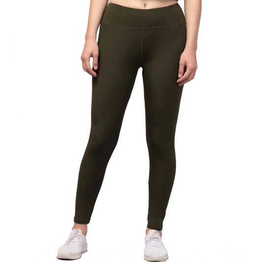 Women'S Polyester Solid Ankle Length High-Rise Tights (Olive)