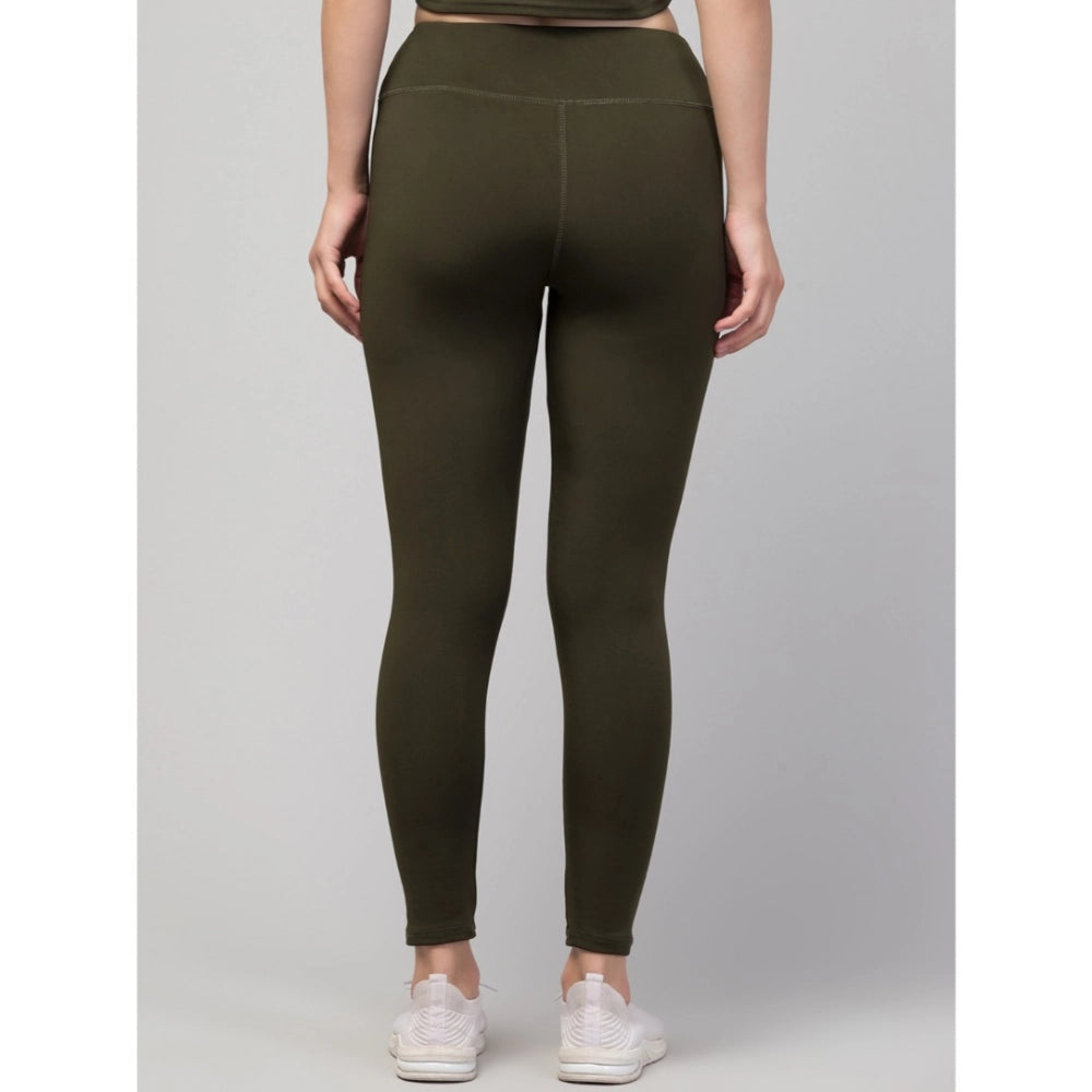 Women'S Polyester Solid Ankle Length High-Rise Tights (Olive)