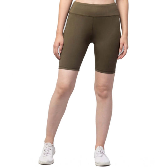 Women'S Polyester Solid Above Knee High-Rise Shorts (Olive)