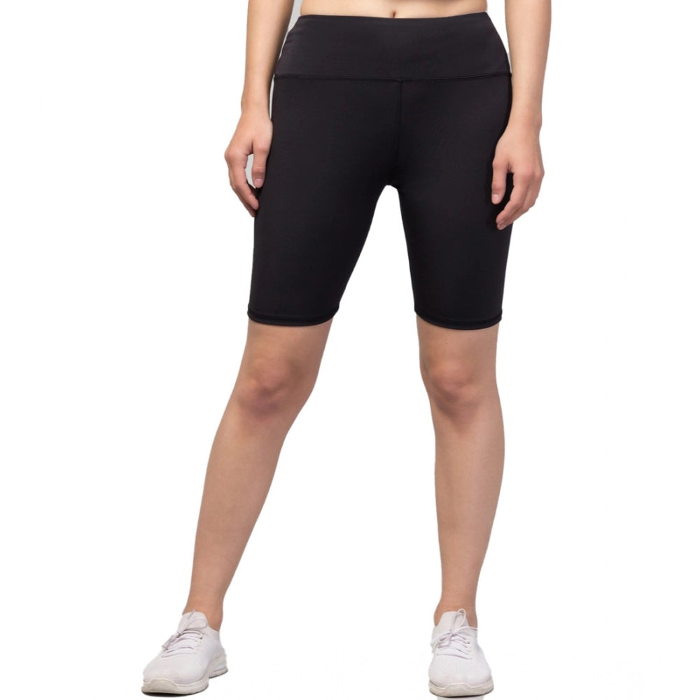 Women'S Polyester Solid Above Knee High-Rise Shorts (Black)