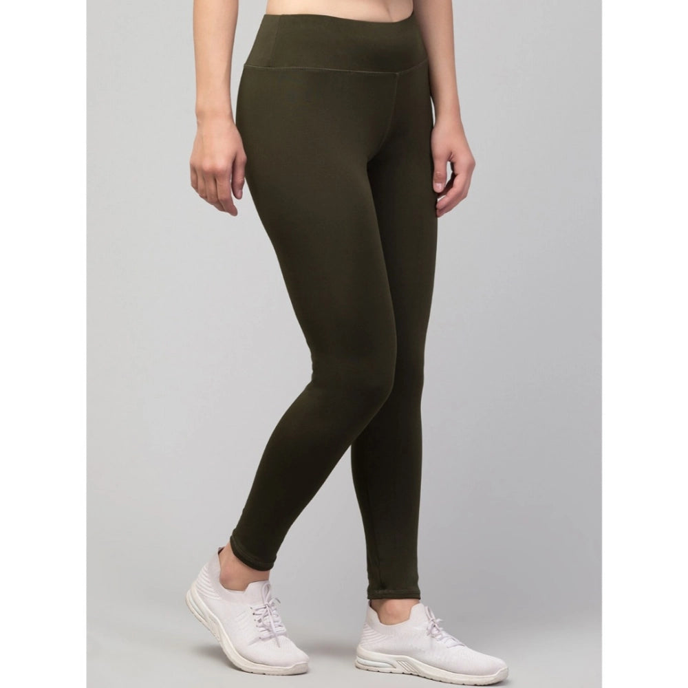 Women'S Polyester Solid Ankle Length High-Rise Tights (Olive)