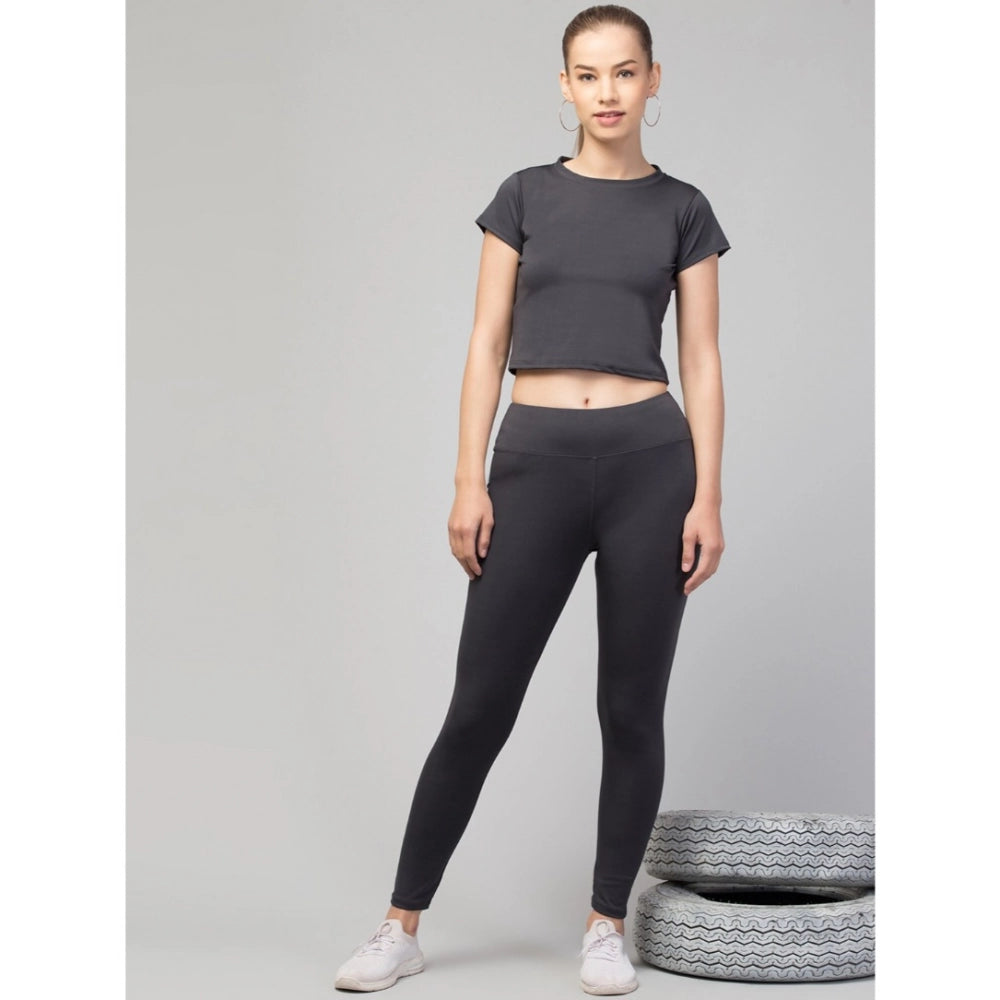 Women'S Polyester Solid Ankle Length High-Rise Tights (Grey)