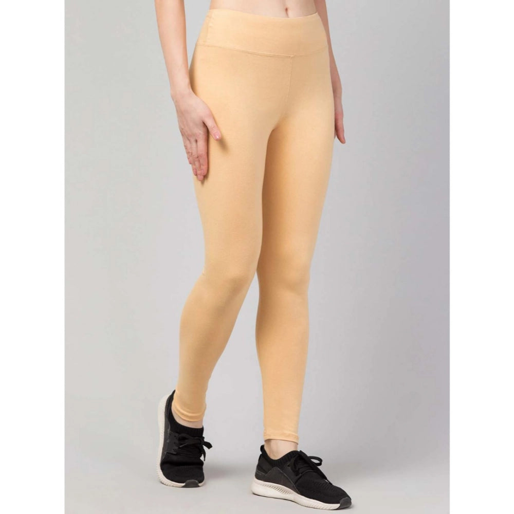 Women'S Polyester Solid Ankle Length High-Rise Tights (Beige)
