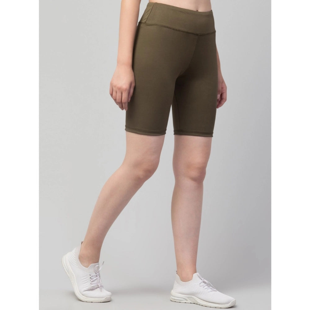 Women'S Polyester Solid Above Knee High-Rise Shorts (Olive)