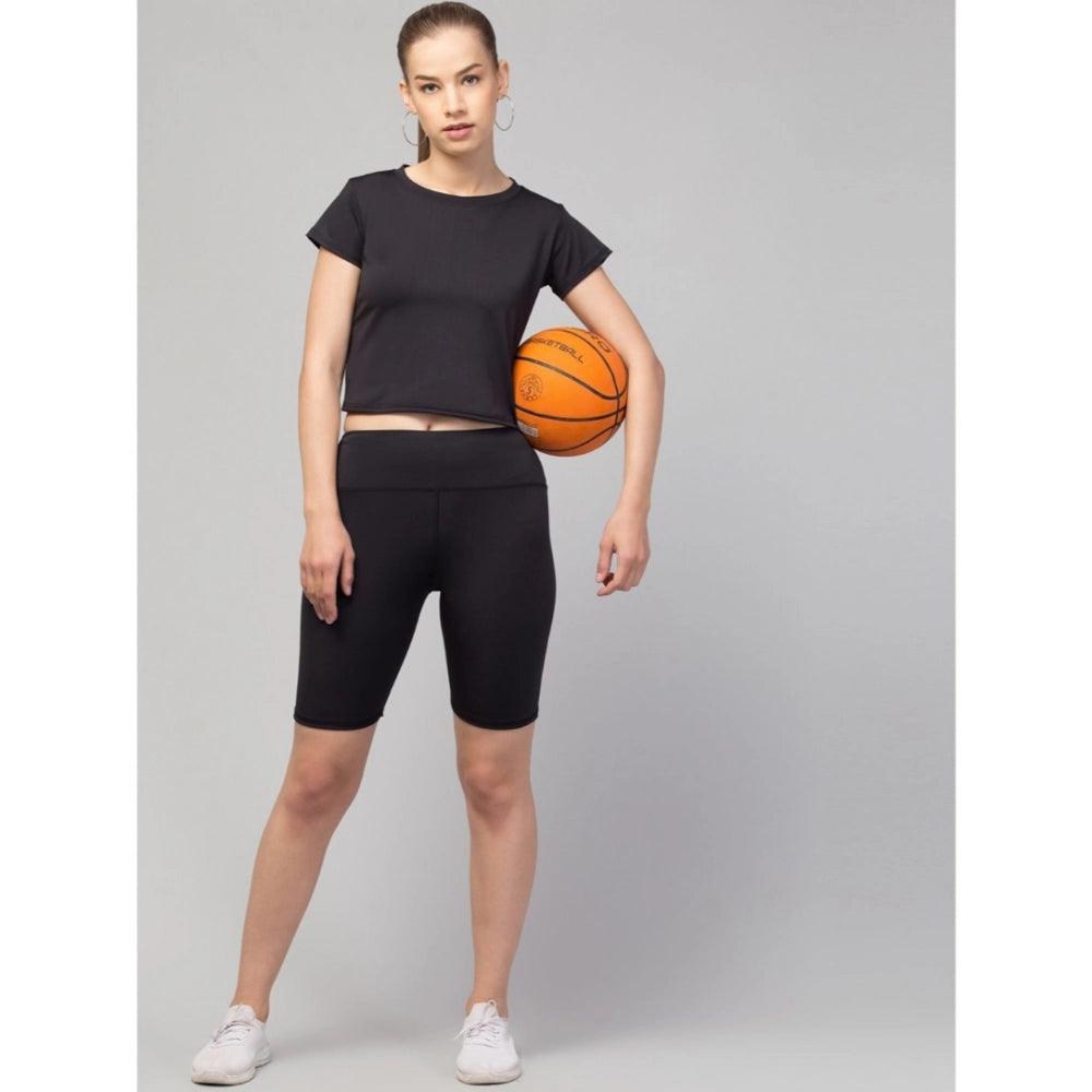 Women'S Polyester Solid Above Knee High-Rise Shorts (Black)