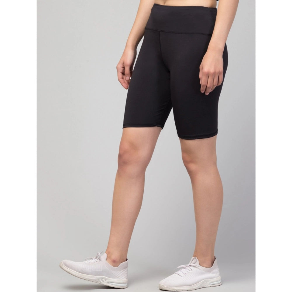 Women'S Polyester Solid Above Knee High-Rise Shorts (Black)